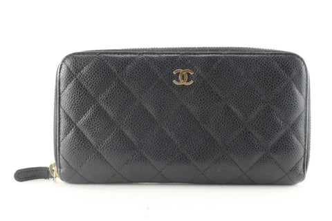 Chanel Black Quilted Caviar Long Zip Around L Gusset Wallet 1C512S