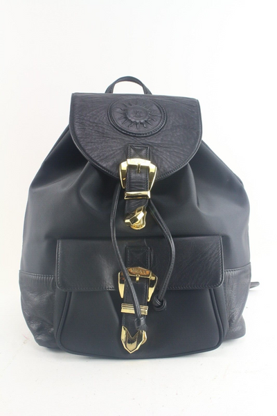 black versace mini backpack Nylon & Black Goatskin Gold Studded Palazzo Medusa | myGemma featuring metal rivets and a Medusa Cameo leather patcha 3D rendition which captures the depth of Medusas eyes and winged details in her hair Gianni Versace Versace V Code