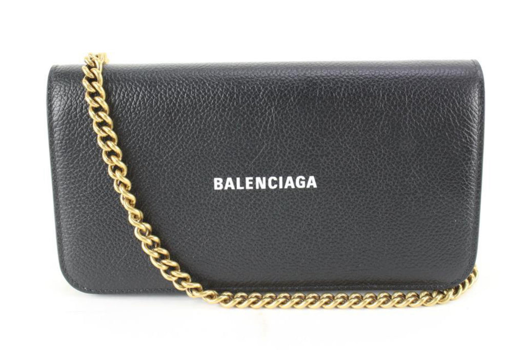 Balenciaga Black Leather Classic Logo Wallet on Chain Gold Chain 46ba624s