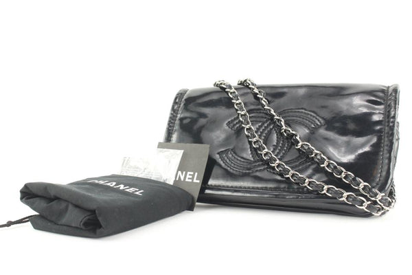 Chanel Black x SIlver Patent CC Logo Chain Flap Chain Bag 644cks317