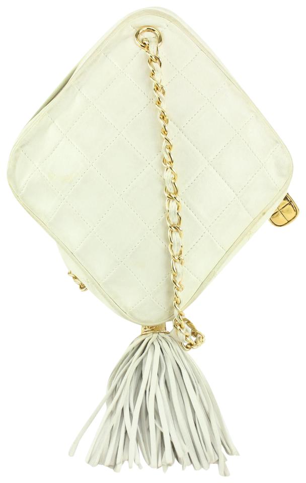 Chanel White Quilted Leather Diamond Clutch on Chain Tassel Bag 1123c30 Chanel White Quilted Leather Diamond Clutch on Chain Tassel Bag 1123c30