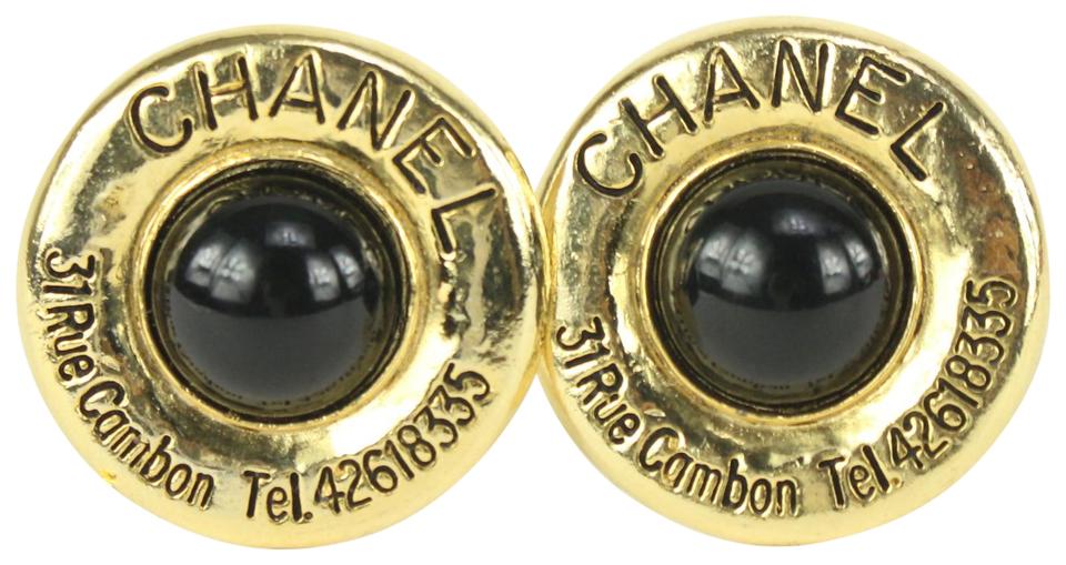 Chanel Gold x Black CC Logo Address Pearl Earrings 171c730 Chanel Gold x Black CC Logo Address Pearl Earrings 171c730