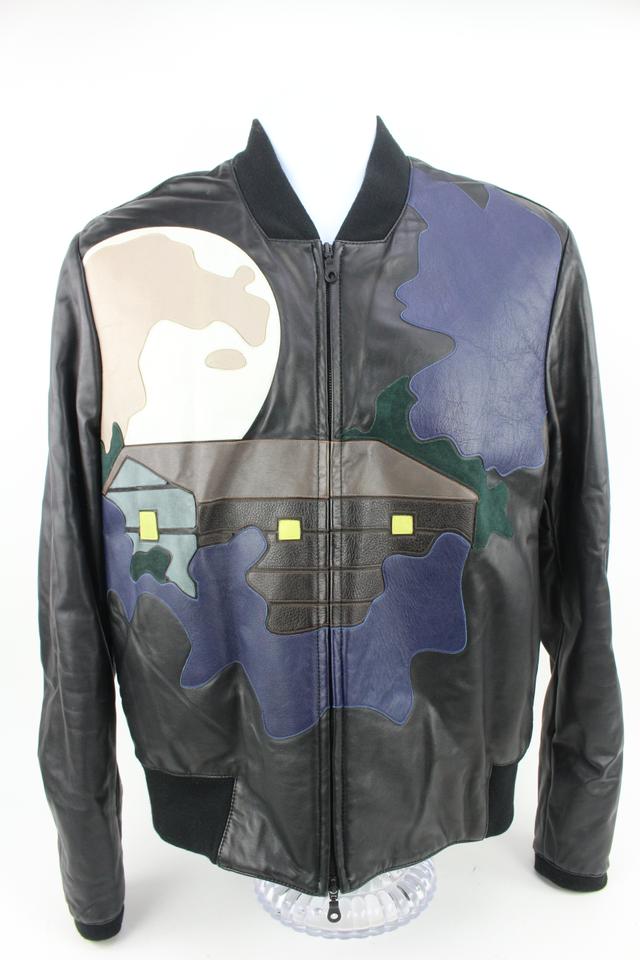 Kenzo Men's Large Limited Black Leather Moon Patch Jacket 124k17 Kenzo Men's Large Limited Black Leather Moon Patch Jacket 124k17