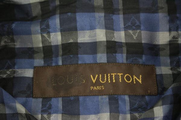 LOUIS VUITTON Size XL White Navy Plaid Cotton Button Up Long