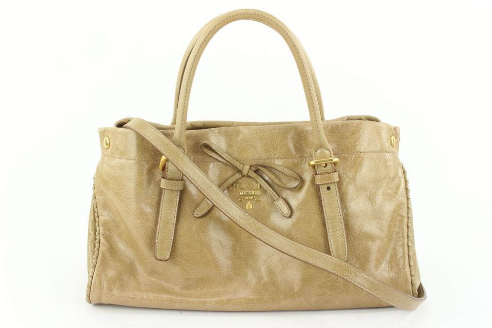 Prada BN1866 Beige Vitello Shine Leather Bow Shopping Bag with Strap 459pr6 Prada BN1866 Beige Vitello Shine Leather Bow Shopping Bag with Strap 459pr6