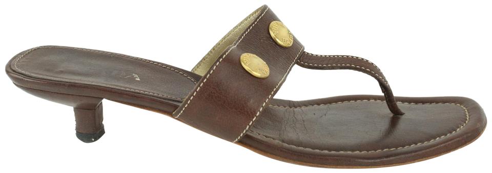 Prada Brown Leather Studded Gladiator Tong Sandal Thong Kitten Mules 1117p1 Prada Brown Leather Studded Gladiator Tong Sandal Thong Kitten Mules 1117p1