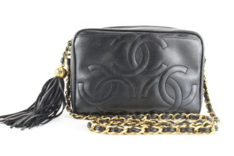 Chanel Triple CC Black Quilted Camera Bag GHW Tassel Fringe 1CC0406