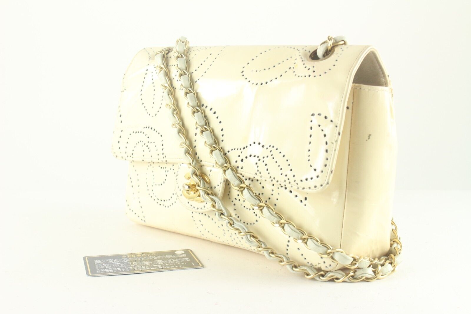 Chanel Perforated Camelia Medium Classic Flap Ivory Patent Leather