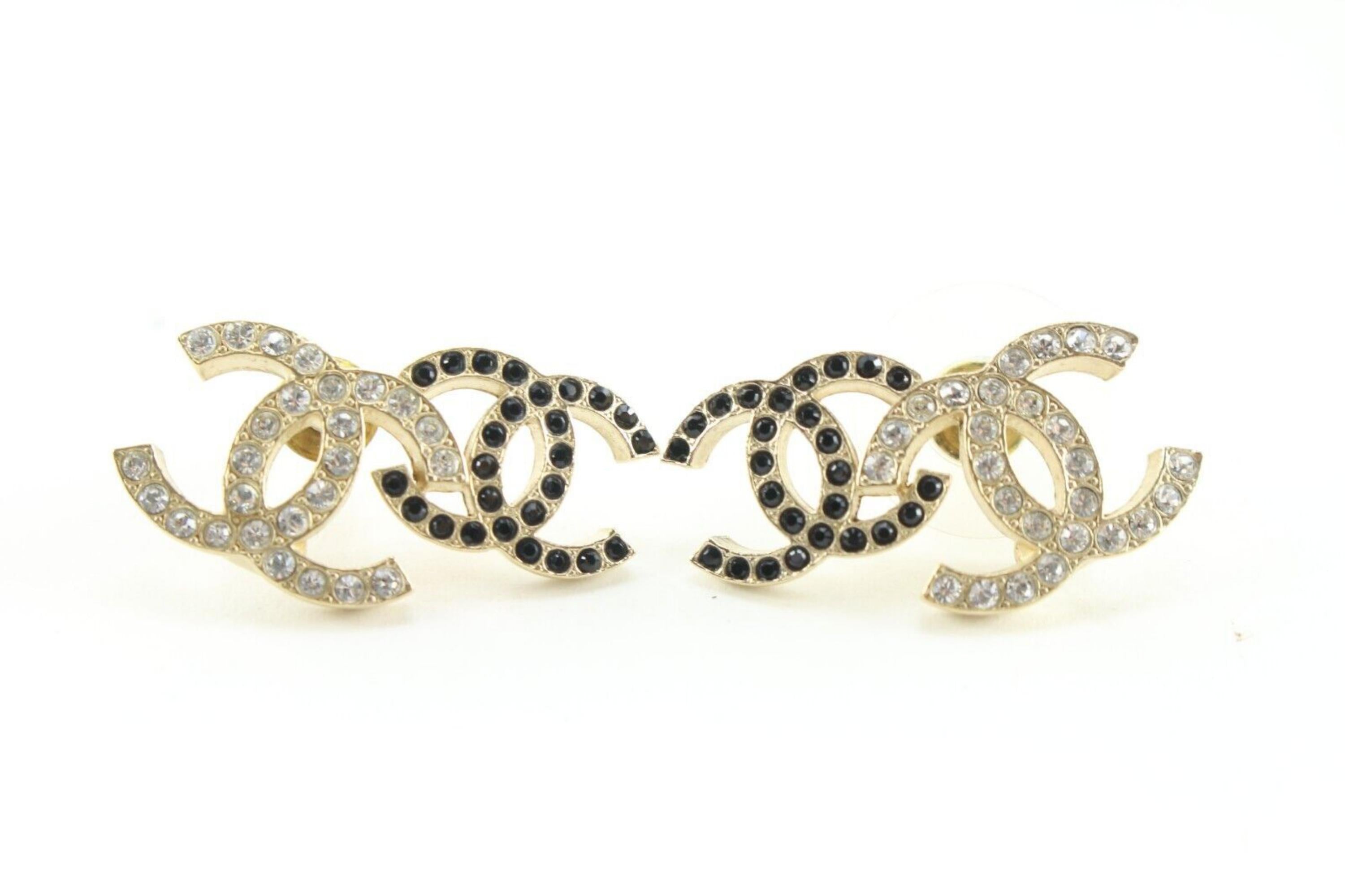 Chanel 22B Double CC Logo Pierce Earrings Crystal Black Gold