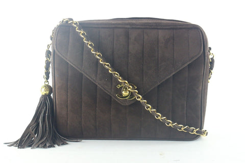 Chanel Vertical Quilted Brown Suede Fringe Tassel Camera Bag Crossbody 5CAS105K