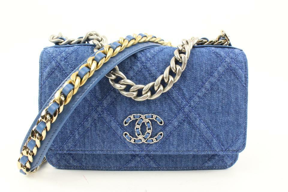 Chanel 22P Silver Gold Quilted Denim Wallet on Chain 19 Flap WOC 10CCA118