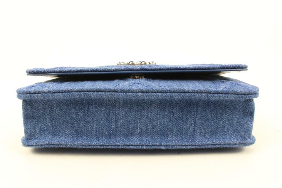 WALLET ON CHAIN MARGO IN DENIM WITH TRIOMPHE ALL-OVER EMBROIDERY