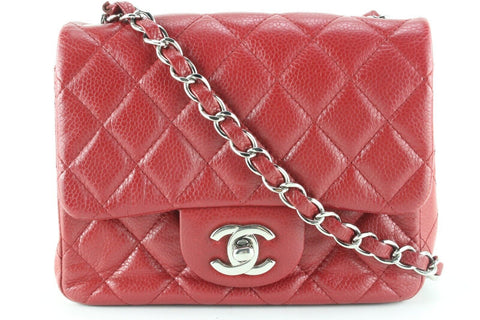 Chanel Red Quilted Caviar Leather Square Mini Classic Flap SHW 1CC0224
