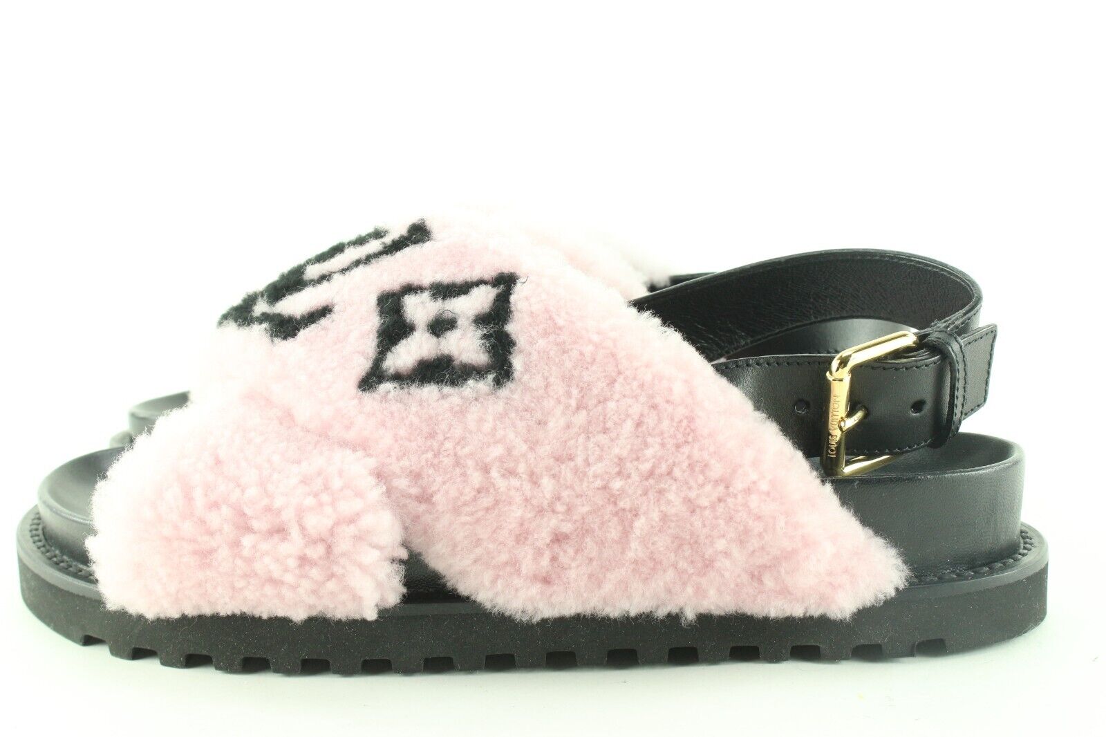 Louis Vuitton Paseo Flat Comfort Mule Black Logo Shearling Fur Slide Sandal  39