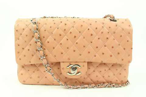 Chanel Peach Light Pink Quilted Ostrich Medium Classic Double Flap 7C26a