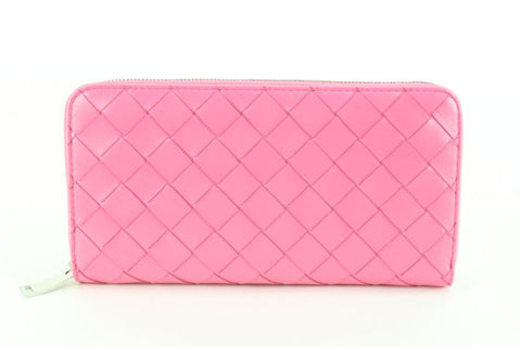 Bottega Veneta Pink Intrecciato Woven Leather Zip Around Wallet 65bv825s