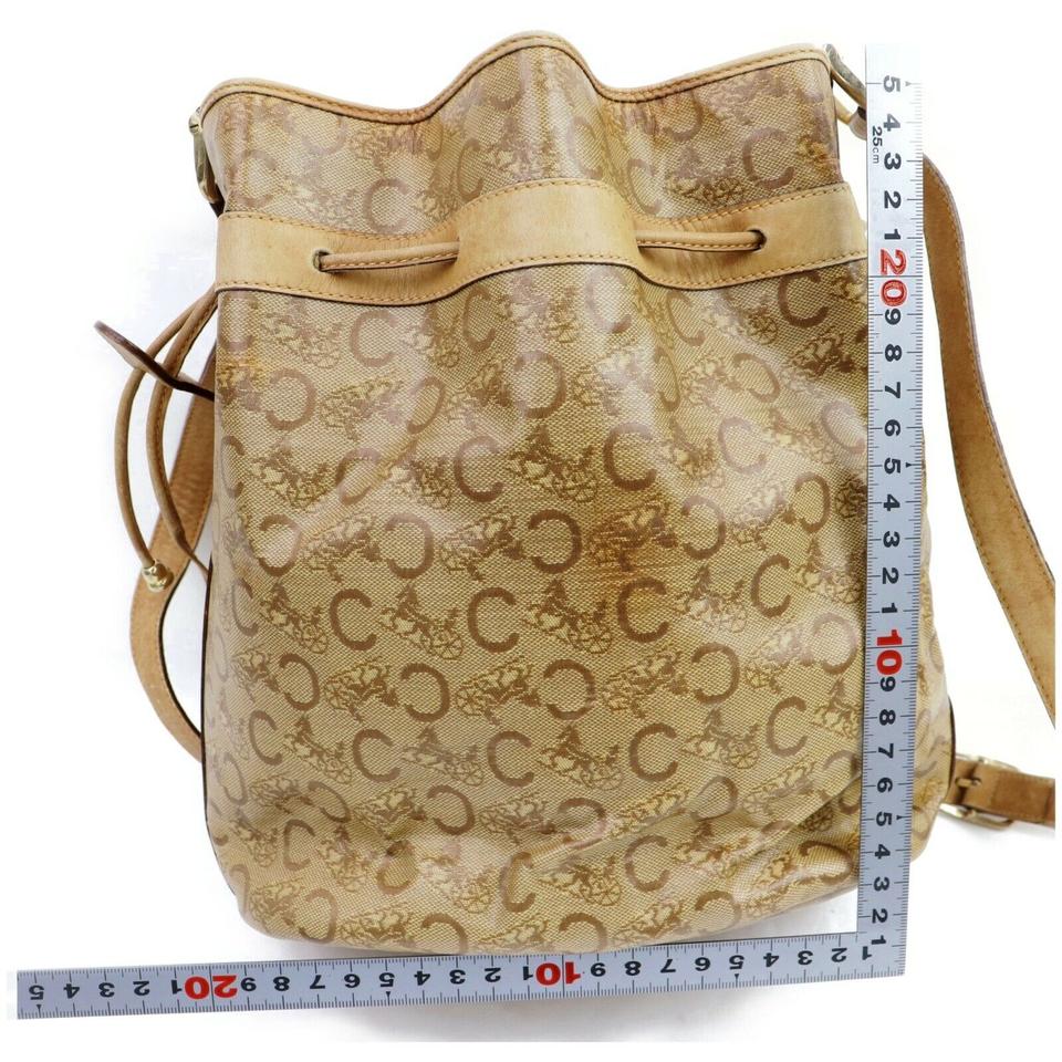 Celine Monogram Macadam Drawstring Bucket Hobo Bag Tote Crossbody Shoulder  Brown