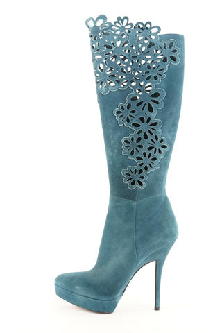 Cesare Paciotti Size 38.5 Rare Blue-Green Suede Laser Cut High Boots 509pac35