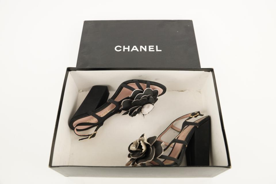 Chanel 09c Black Camelia Flower Sandal Wedge Heels 469ccs33