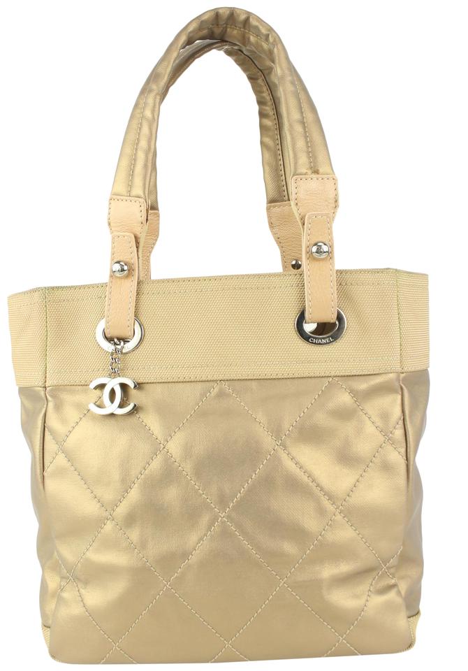 CHANEL, Bags, Auth Chanel Paris Biarritz Tote Mm Dark Gray Cream Coated  Canvas Leather Nylon