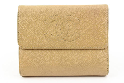 Chanel Beige Caviar CC Logo Trifold Compact Wallet 43ck224s