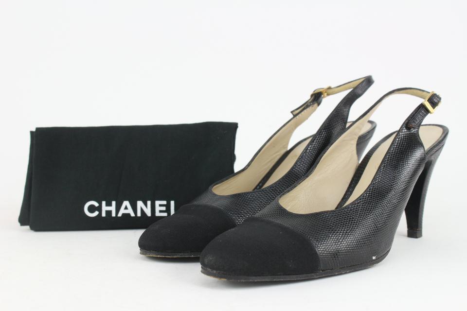 Chanel Size 9 A Black Lizard Grosgrain Cap Toe CC Slingback Sandals 2C –  Bagriculture