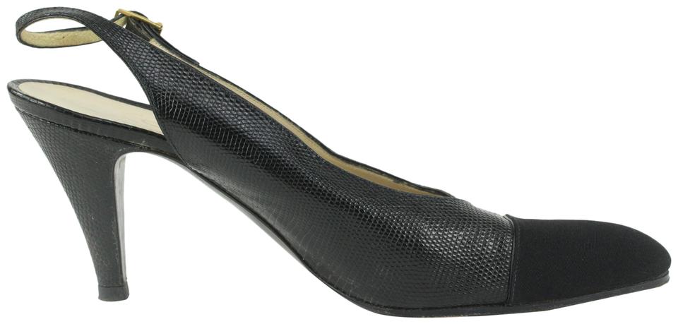 Chanel Size 9 A Black Lizard Grosgrain Cap Toe CC Slingback Sandals 2CC1115