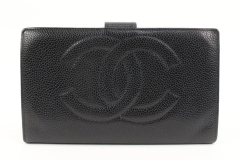 Chanel Black Caviar Leather CC Logo Long Snap Bifold Wallet 53ck32s