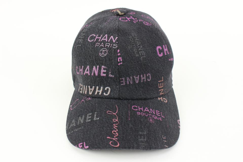 Chanel 22P Black Denim Sequin CC White Logo Baseball Cap Curved Peak Hat