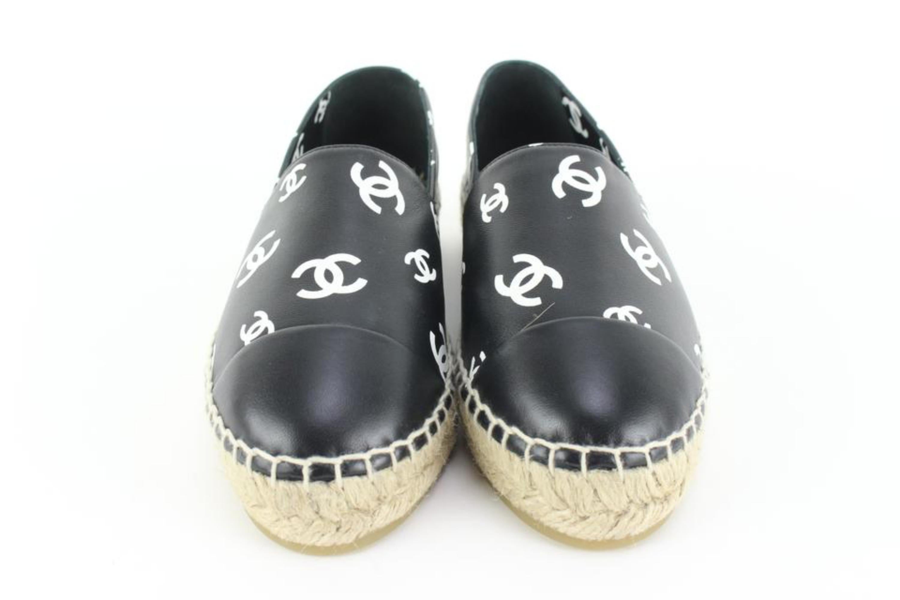 CHANEL Espadrilles COCO Mark Leather Shoes 36 Black X White Auth