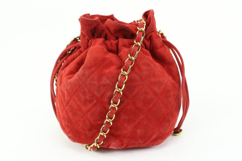 Chanel Red Quilted Suede Mini Drawstring Crossbody Pouch Bucket Bag 28ck311s