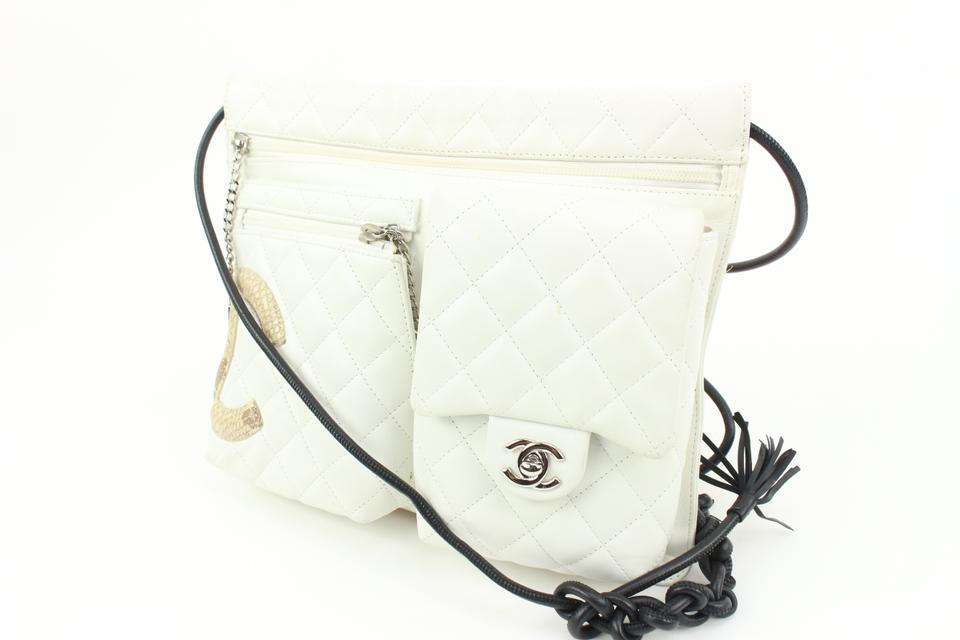 CHANEL Quilted Reporter Cambon White Leather Satchel Bag Made in