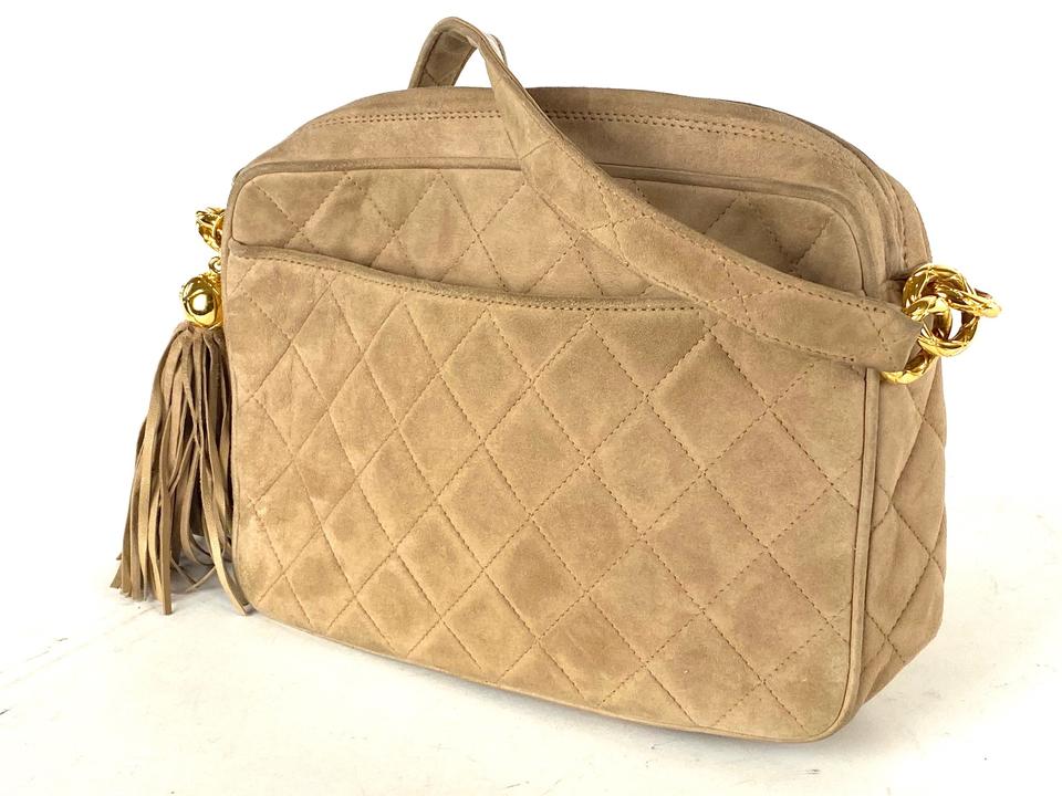 Chanel Fringe Tassel Camera Bag Quilted Beige Suede Crossbody