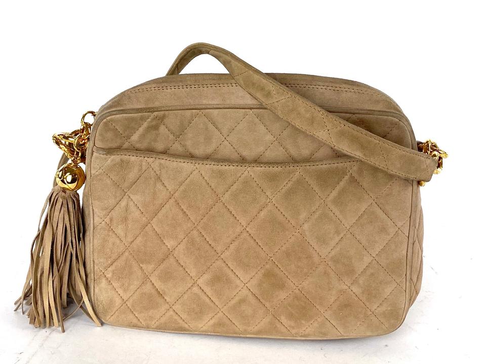 Chanel Fringe Tassel Camera Bag Quilted Beige Suede Crossbody