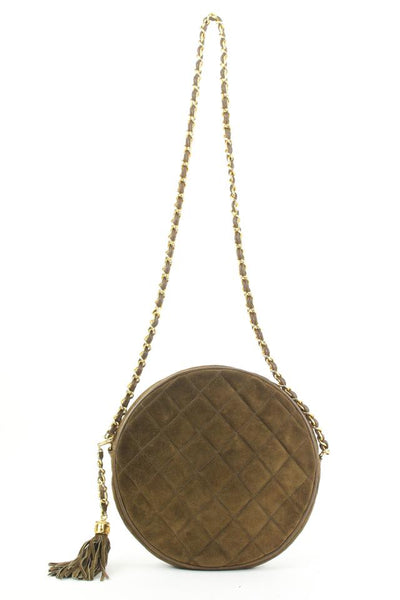 Chanel Brown Quilted Suede Fringe Tassle Round Clutch with Chain