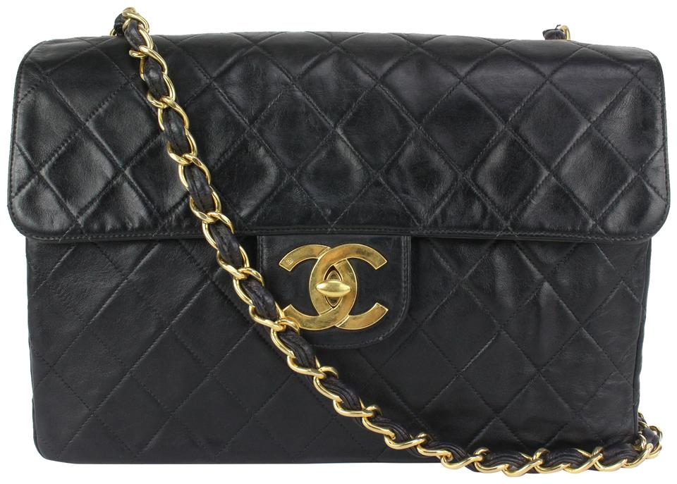 Chanel XL Black Quilted Lambskin Classic Single Flap Gold Chain Bag 144c729