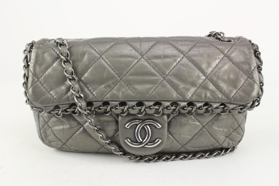 Chanel 2006 East West CC Flap Bag Grey Crinkled Leather Chain Strap Shoulder Bag
