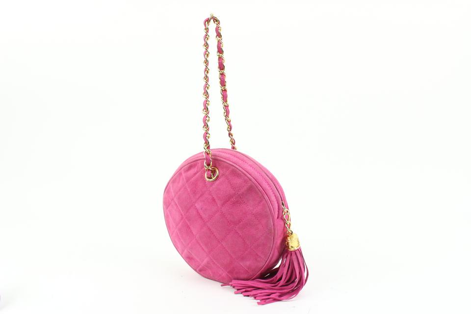 CHANEL Caviar Quilted Filigree Round Clutch With Chain Pink White 481141