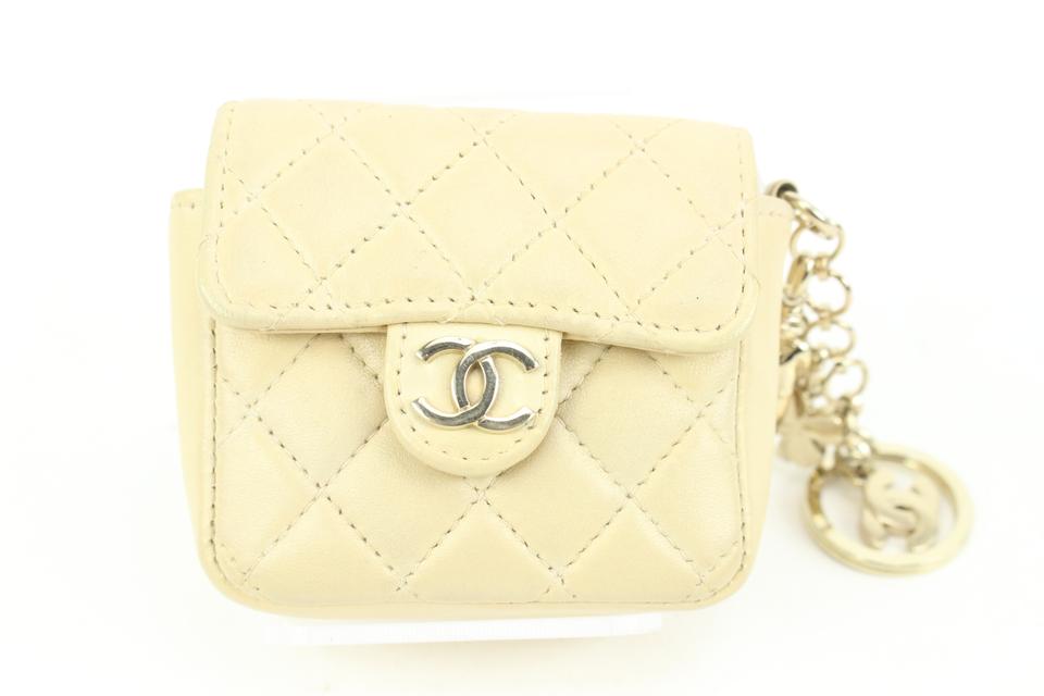 Chanel Light Beige Cream Quilted Leather Micro Flap Charm Bag Mini 48cz47