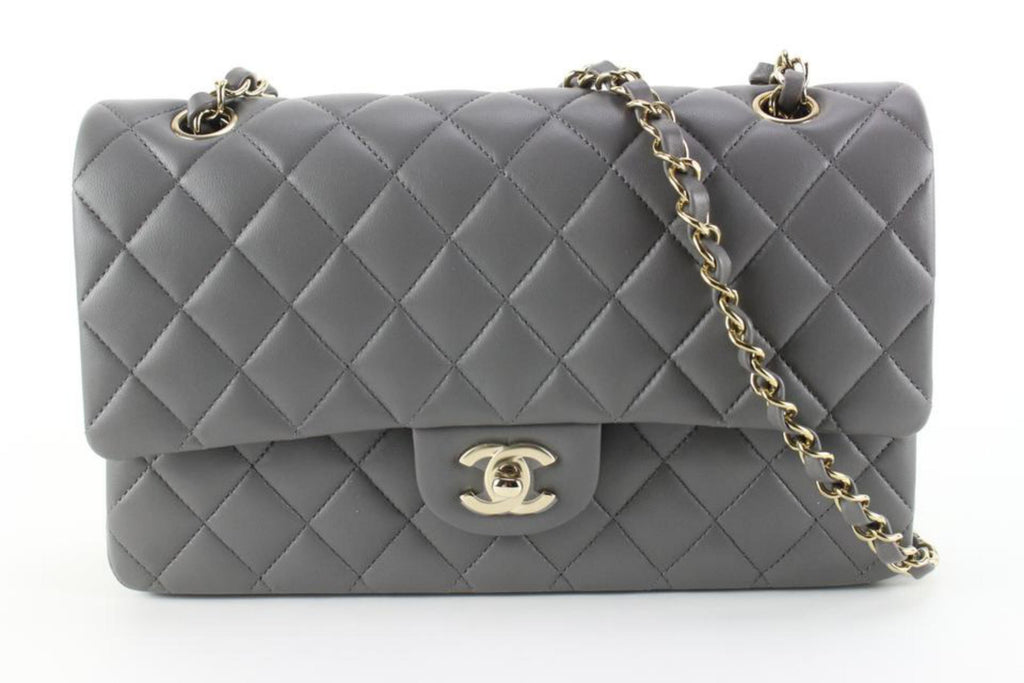 Chanel 2022 Dark Grey Quilted Lambskin Medium Classic Double Flap Gold 77ca85