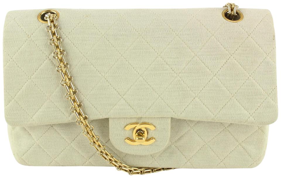 Chanel Beige Ivory Quilted Jersey Canvas Medium Classic Double Flap 114c43