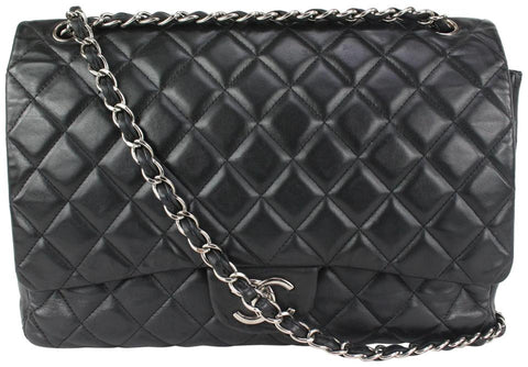 Chanel Black Quilted Lambskin Maxi Classic Double Flap Silver Chain 69cas726