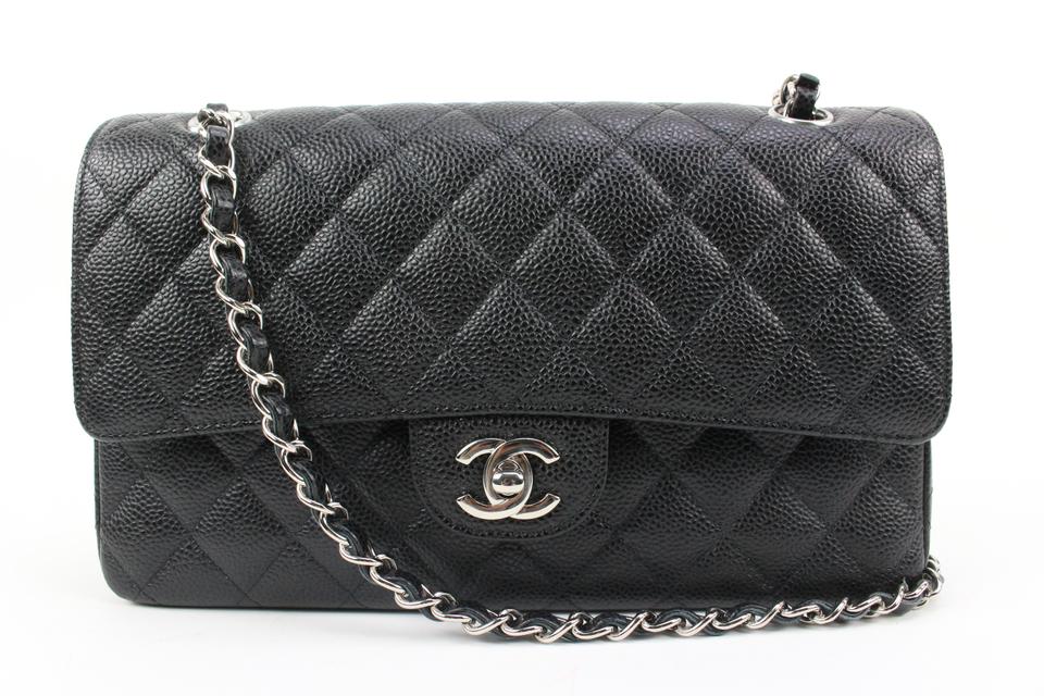 Chanel Black Quilted Caviar Small Classic Double Flap Bag Silver