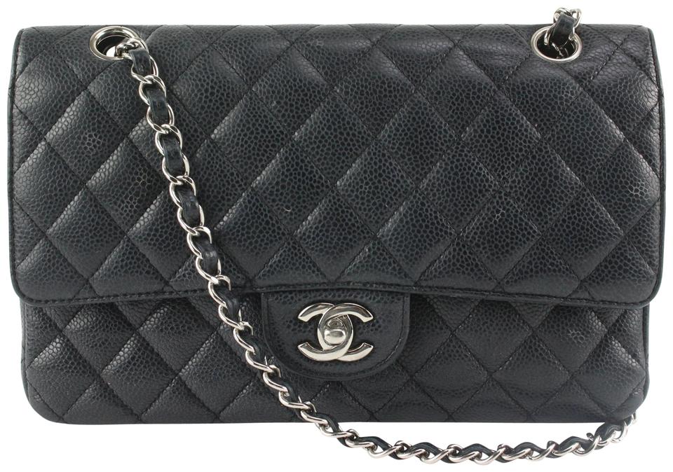 Authentic Chanel Classic Black Quilted Caviar Leather Classic Medium Double  Flap Bag