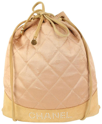 Chanel Pink Quilted Satin Crystal Logo Drawstring Backpack 830cas21