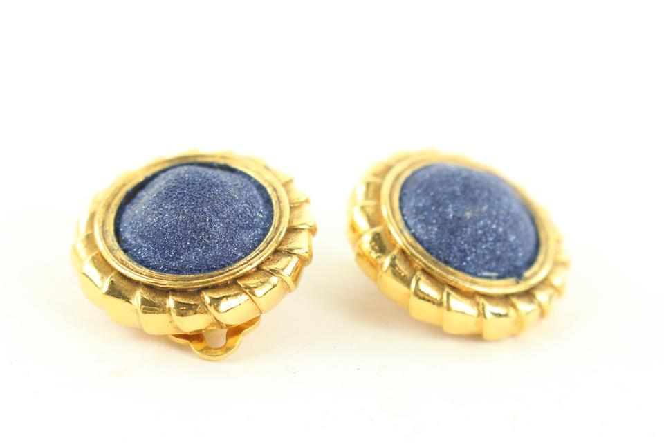 Chanel Ultra Rare Vintage Gold Sand Stone Blue Clip-On Earrings 98ccs127