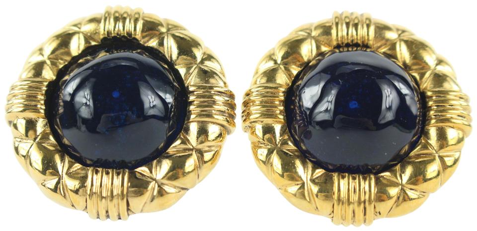 Chanel 2 3 Series Gold x Navy Blue Quilted Stone Earrings 857cas49