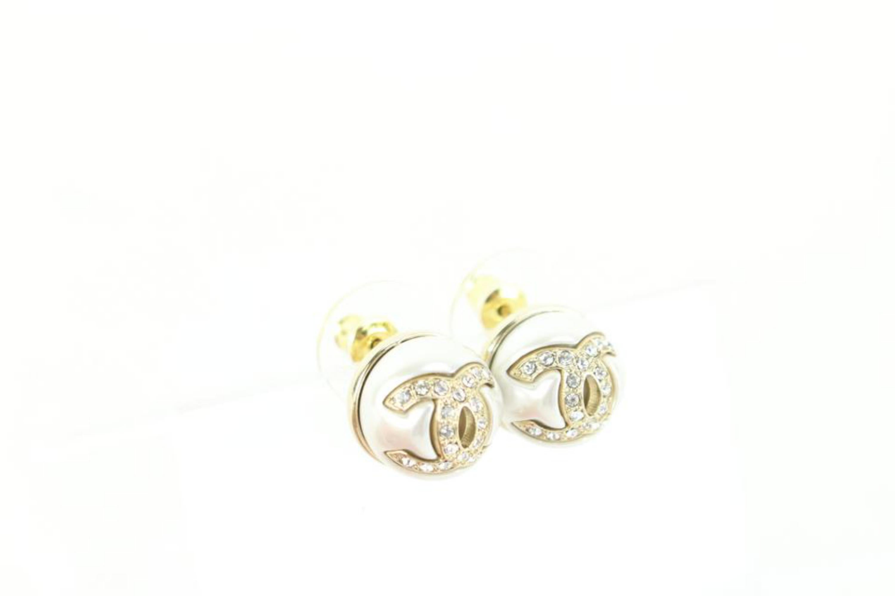 Chanel 22B Heart Crystal Gold Pearl White Pearly CC Logo Statement Stud  Earrings