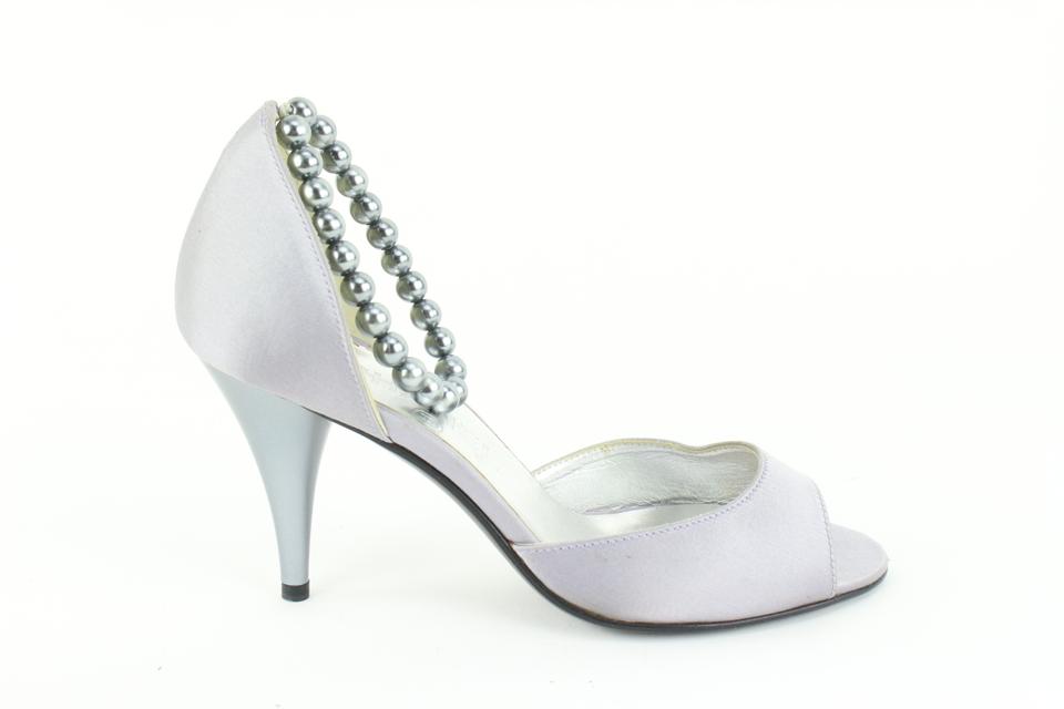 Chanel Size 36.5 Grey Satin Peep Toe Pearl Ankle Strap Pumps Size 