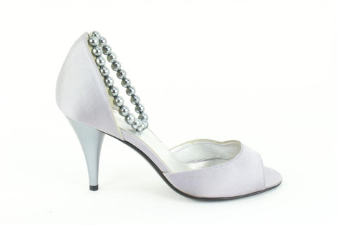 Chanel Size 36.5 Grey Satin Peep Toe Pearl Ankle Strap Pumps Size 13c48